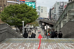 新宿東南口店 アクセス 2:こちらの階段を降り矢印の方向へお進み下さい。